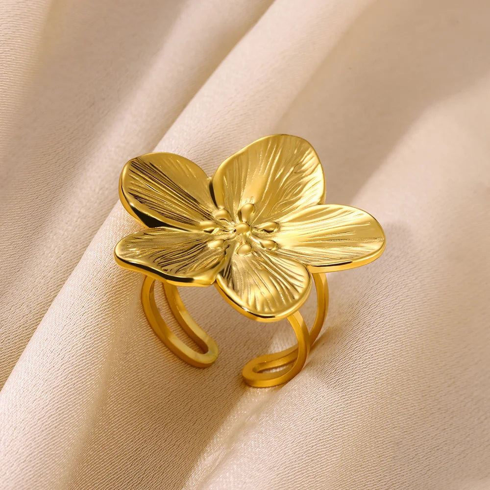 Elegant Stainless Steel Big Bloom Flower Rings