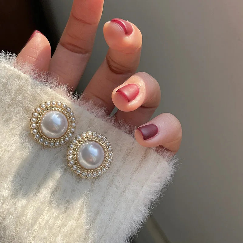 Gold Color Big Pearl Stud Earrings