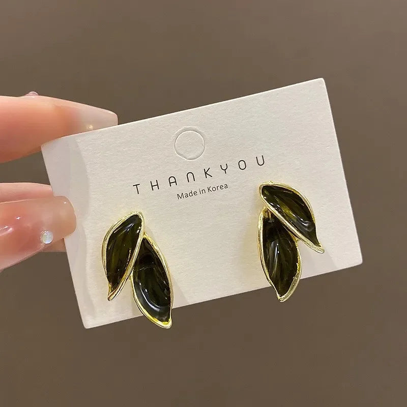 Metal Trendy Fresh Grey Leaf Stud Earrings
