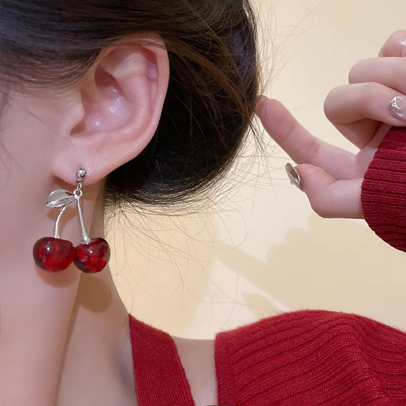 Elegant Delicate Red Cherry Stud Earrings