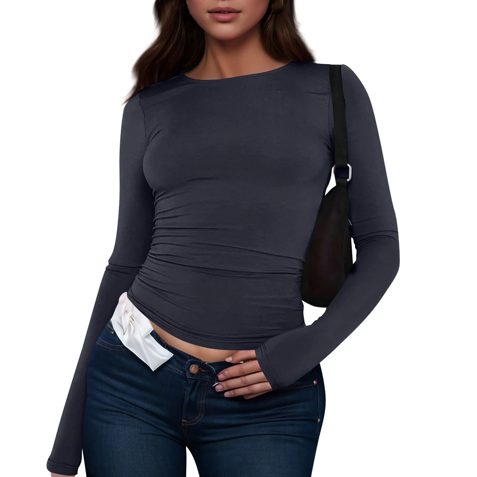 O Neck Long Sleeve Cropped Tops