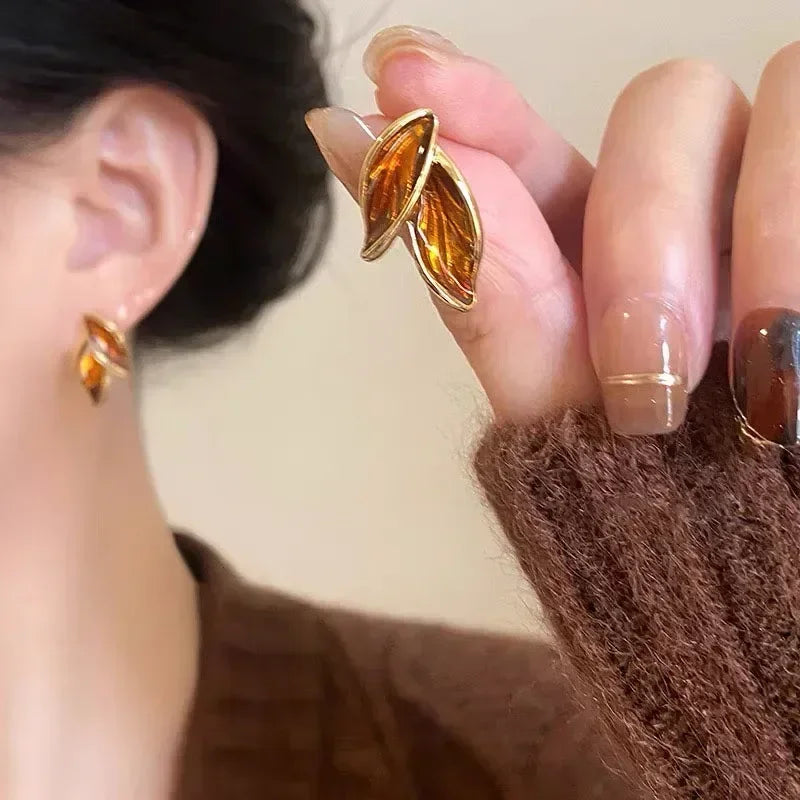 Metal Trendy Fresh Grey Leaf Stud Earrings