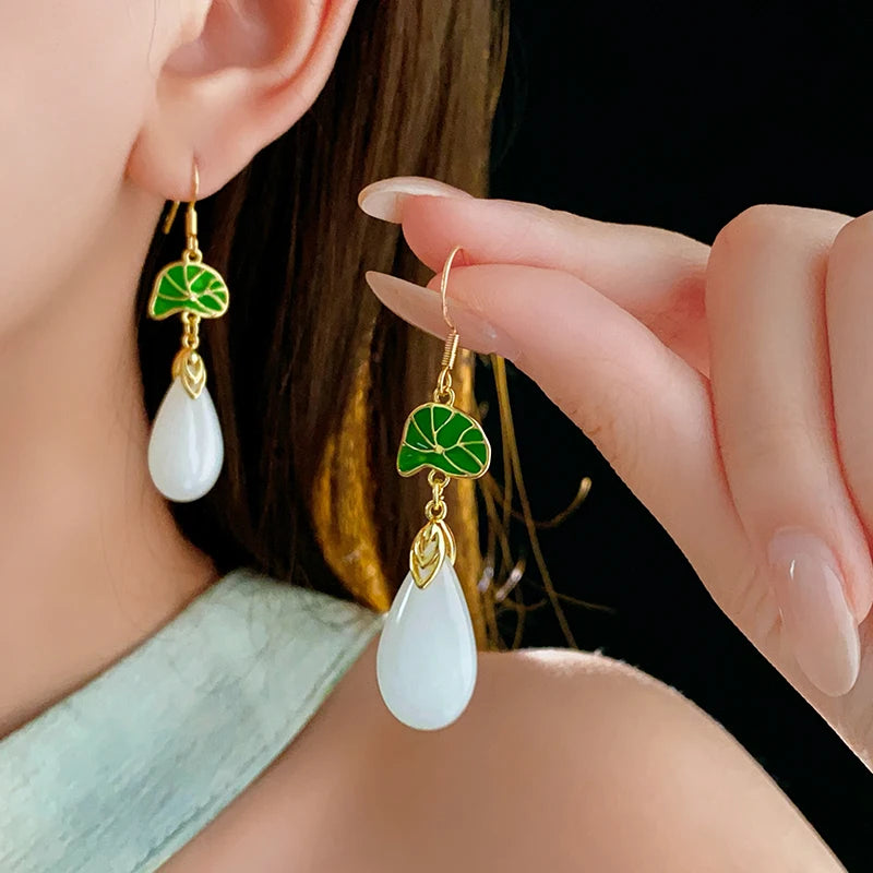 Valley Leaf Water Drop Resin Dangle Earrings