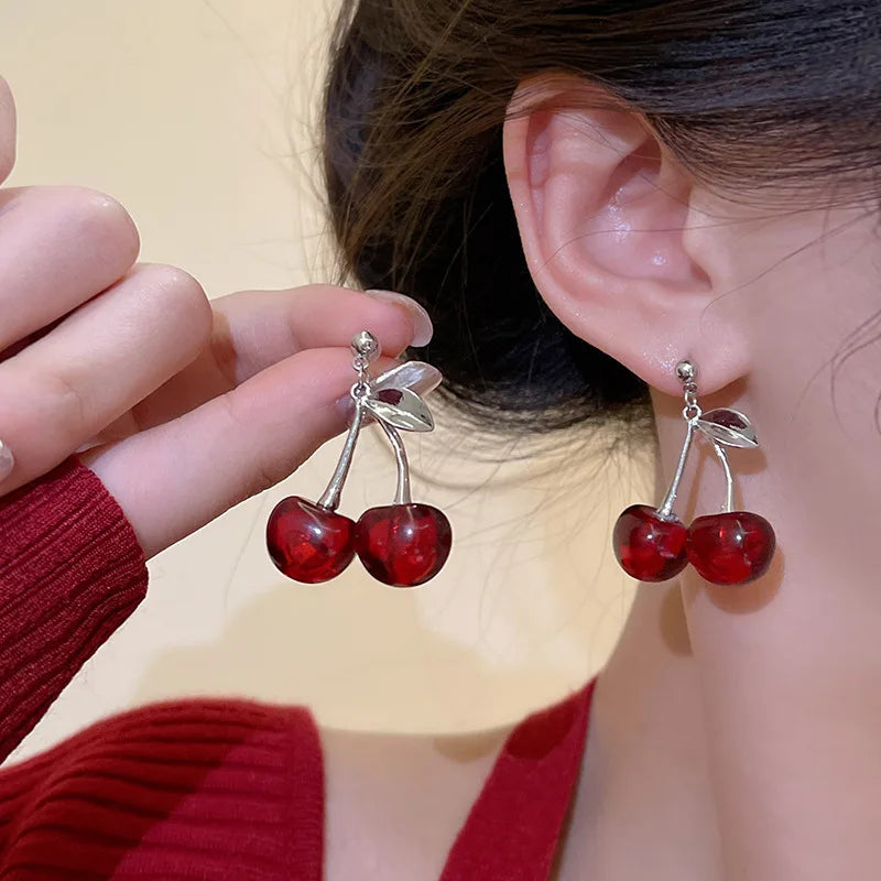 Elegant Delicate Red Cherry Stud Earrings