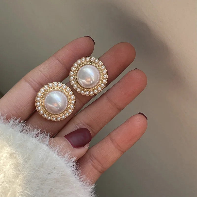 Gold Color Big Pearl Stud Earrings