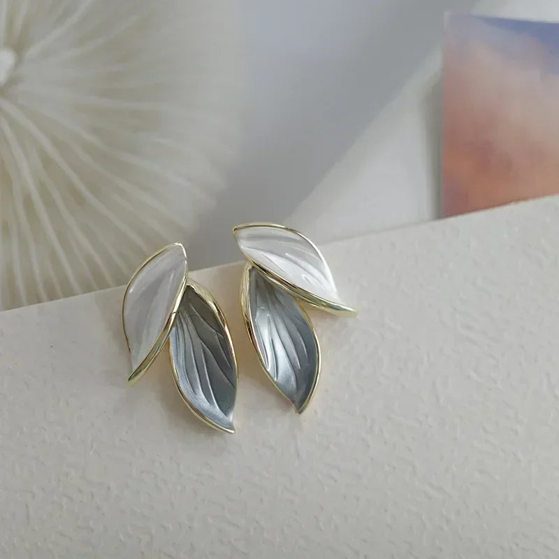 Metal Trendy Fresh Grey Leaf Stud Earrings