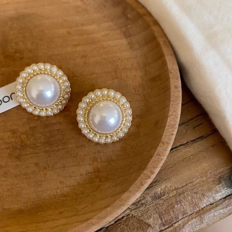 Gold Color Big Pearl Stud Earrings