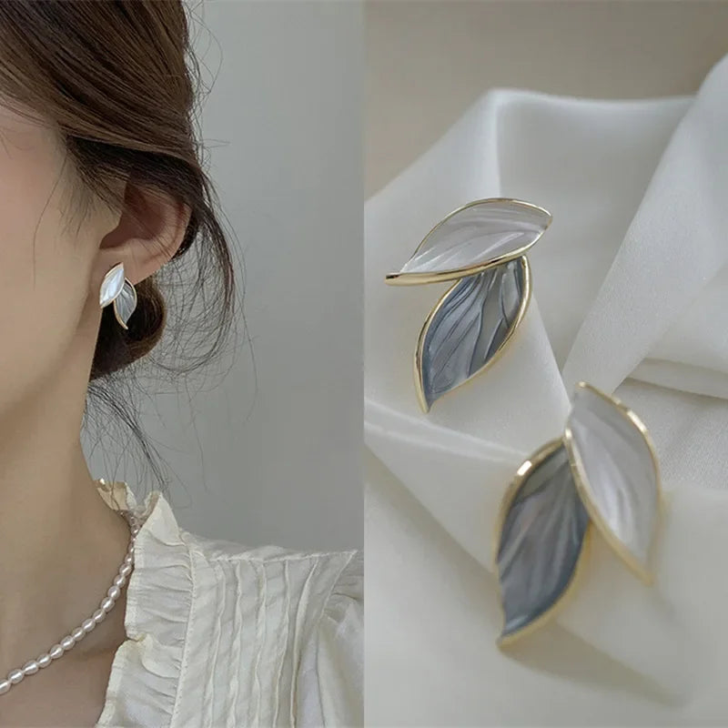Metal Trendy Fresh Grey Leaf Stud Earrings