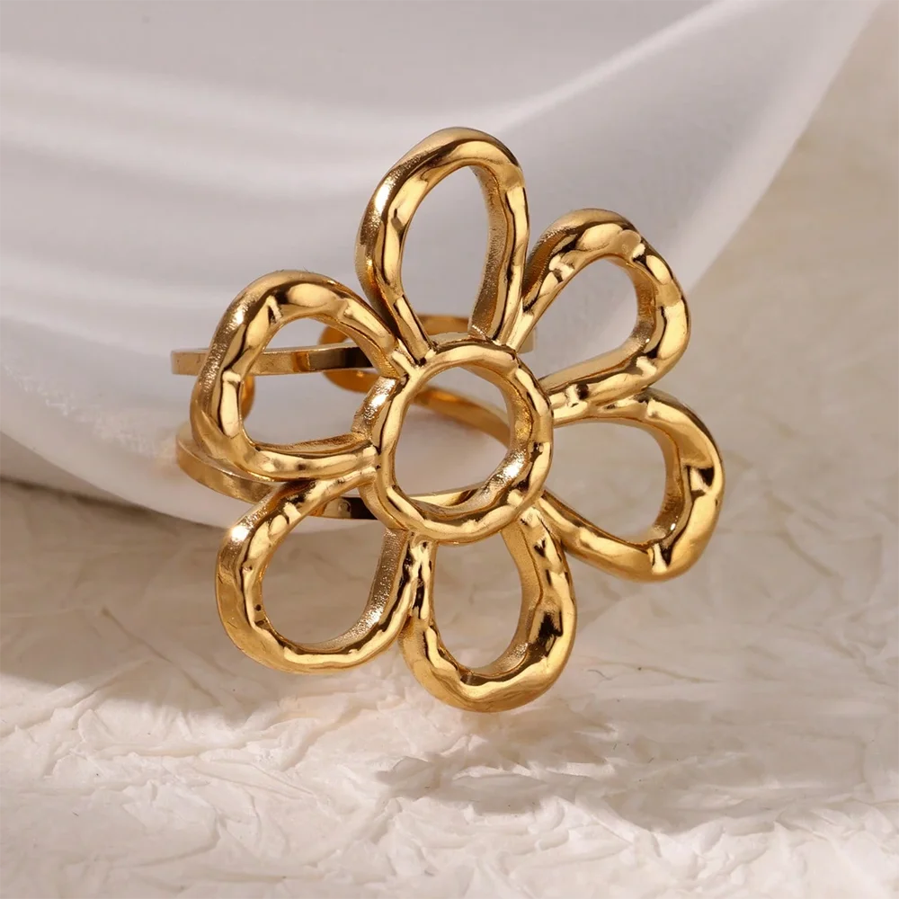 Elegant Stainless Steel Big Bloom Flower Rings