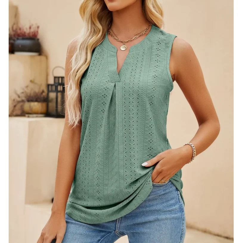 Hollow Out V Neck Sleeveless Blouses