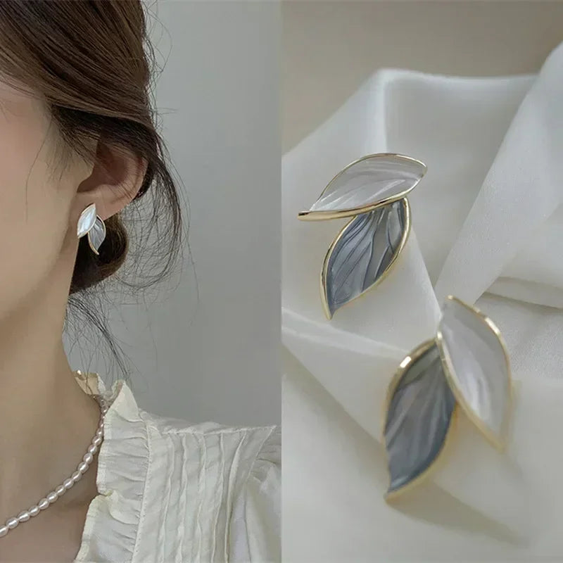 Metal Trendy Fresh Grey Leaf Stud Earrings