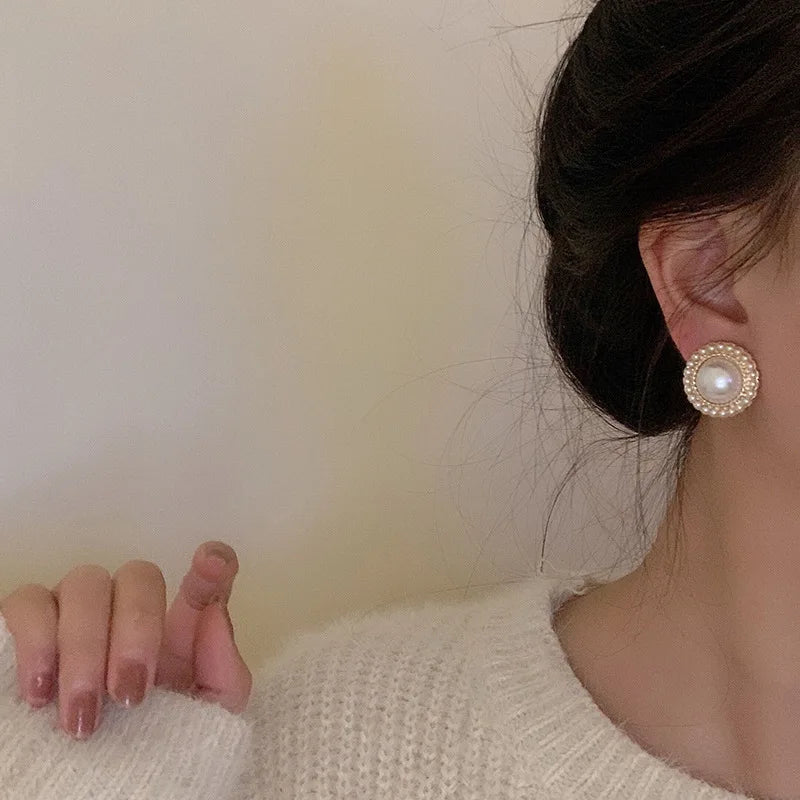 Gold Color Big Pearl Stud Earrings