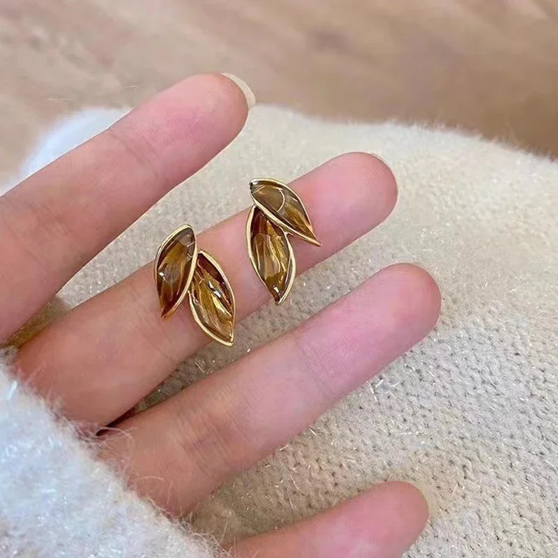 Metal Trendy Fresh Grey Leaf Stud Earrings