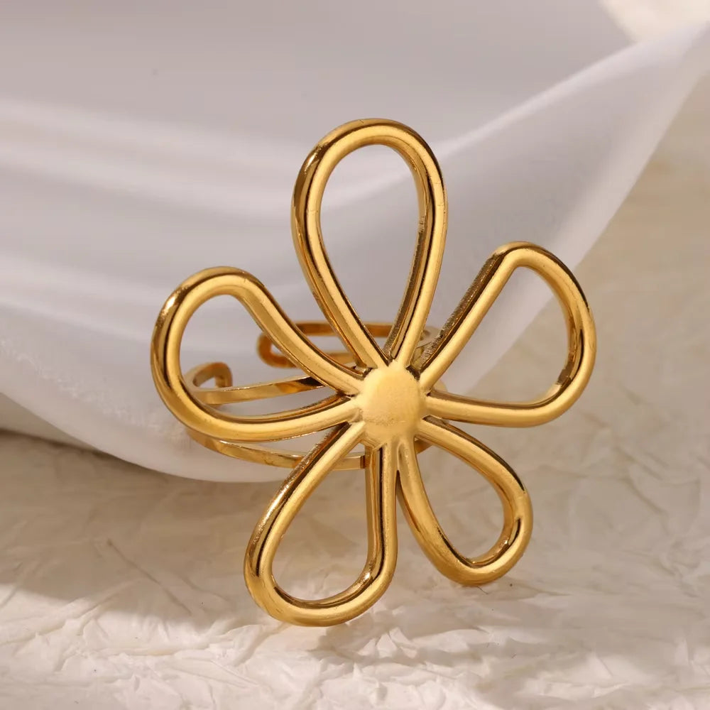 Elegant Stainless Steel Big Bloom Flower Rings