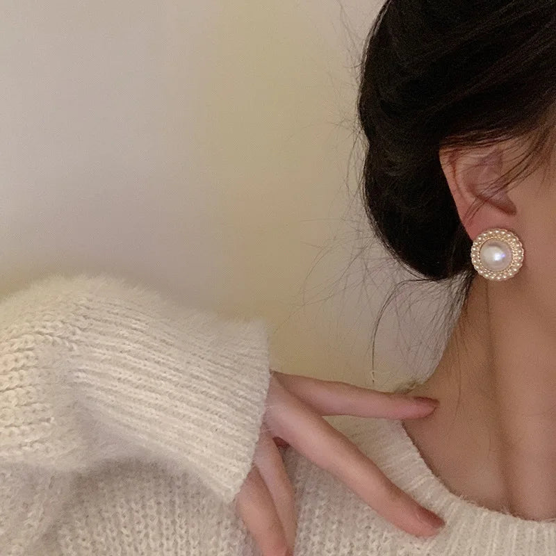 Gold Color Big Pearl Stud Earrings