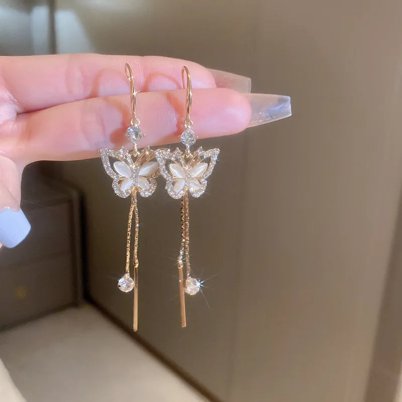 Zircon Butterfly Tassel Earrings