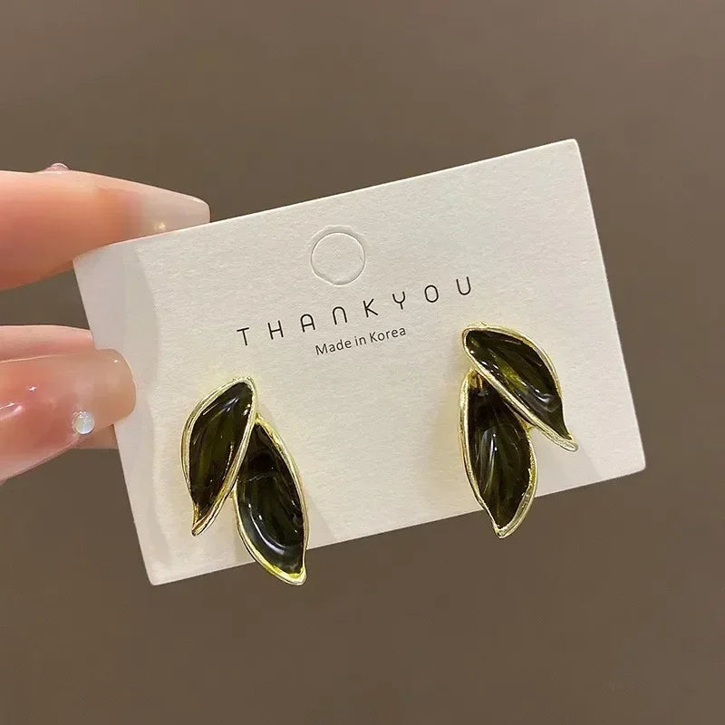 Metal Trendy Fresh Grey Leaf Stud Earrings