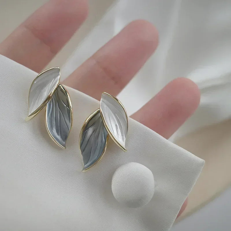 Metal Trendy Fresh Grey Leaf Stud Earrings