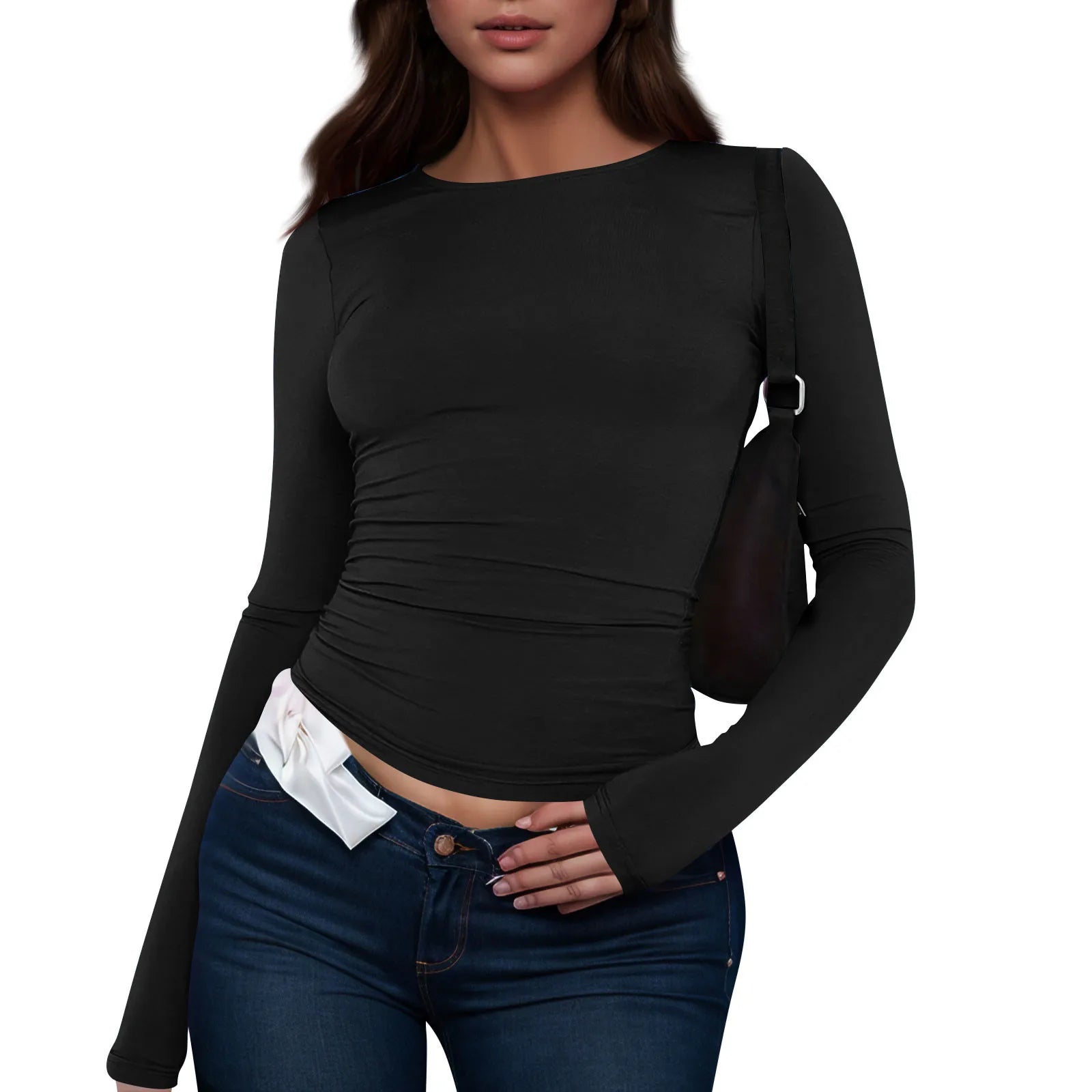 O Neck Long Sleeve Cropped Tops