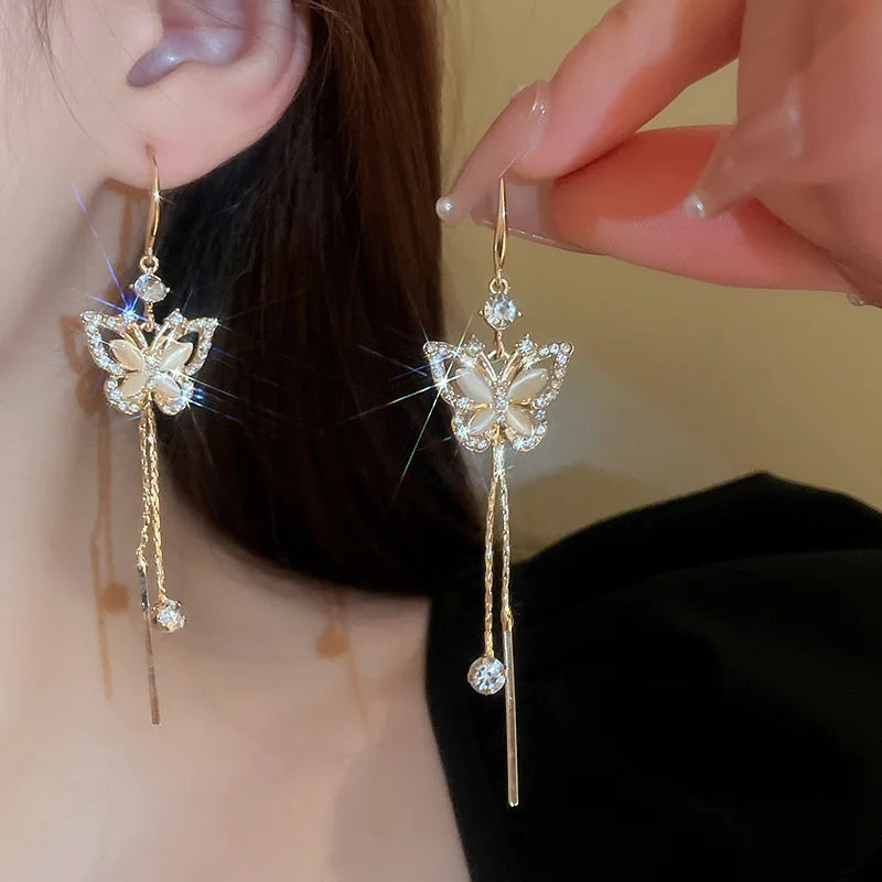 Zircon Butterfly Tassel Earrings