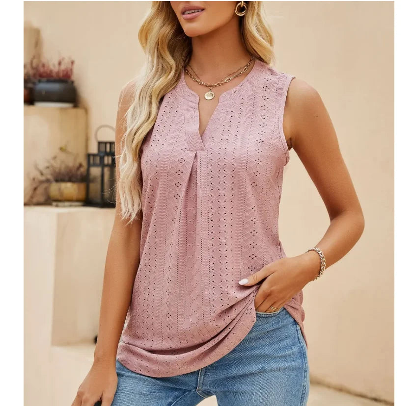 Hollow Out V Neck Sleeveless Blouses