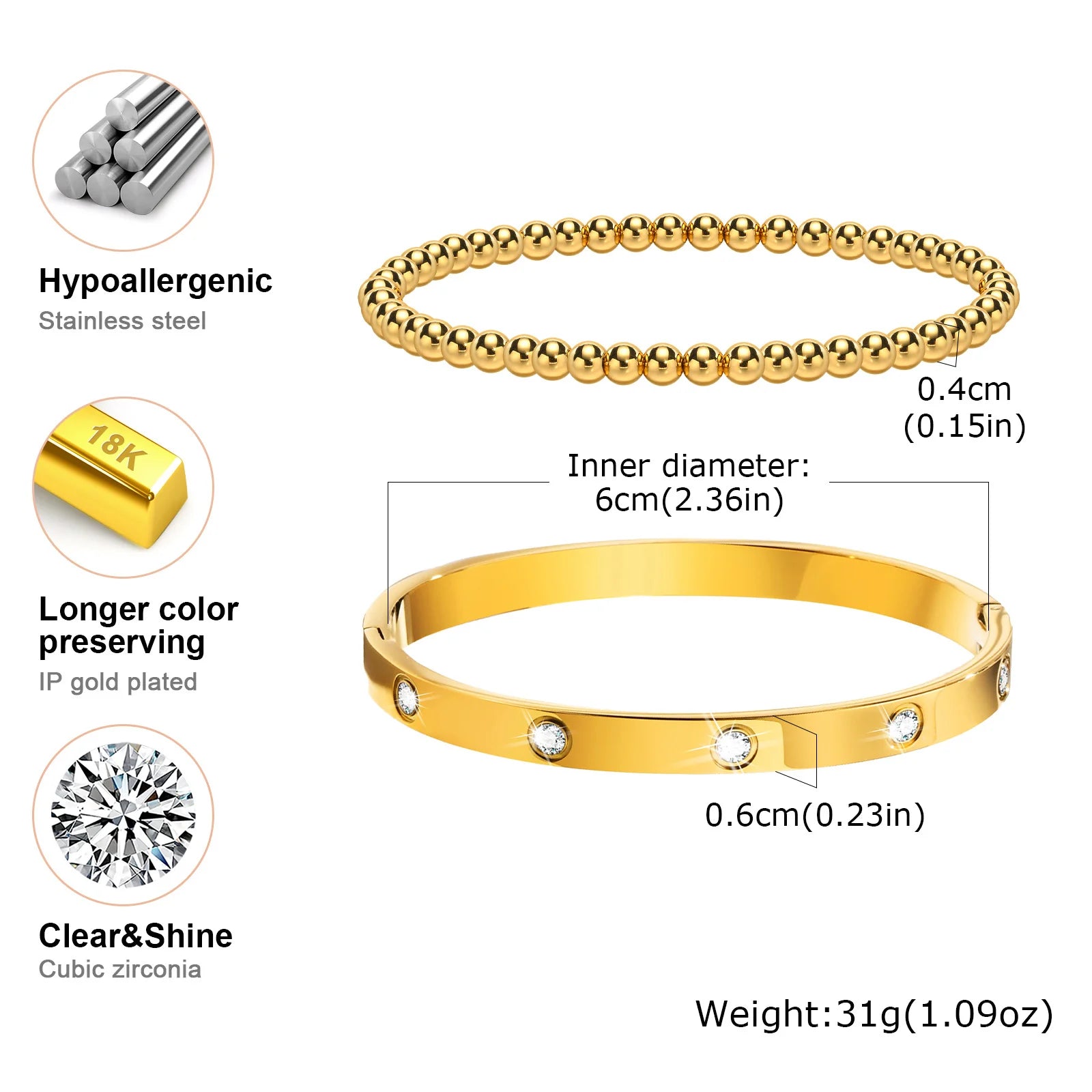 Simple Stacked Gold Plated Beads Bracelets